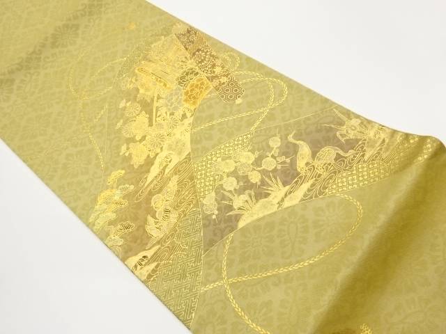 金通し金彩巻物に御所車・花鳥模様袋帯【中古】【着】【袋帯】｜Kimono-Shinei　２号店