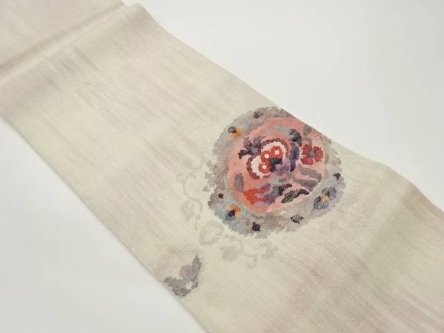 手織り紬華文に抽象花葉・唐草模様織出し名古屋帯【中古】【着】【名古屋帯】｜Kimono-Shinei　２号店