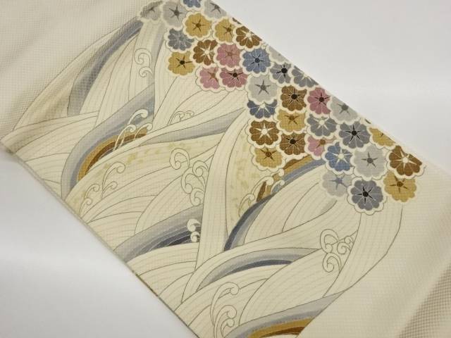 作家物　金彩手描き波に花々模様名古屋帯【中古】【着】【名古屋帯】｜Kimono-Shinei　２号店