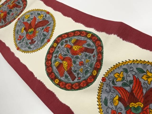 ふくれ織丸文に花喰い鳥模様名古屋帯【中古】【着】【名古屋帯】｜Kimono-Shinei　２号店