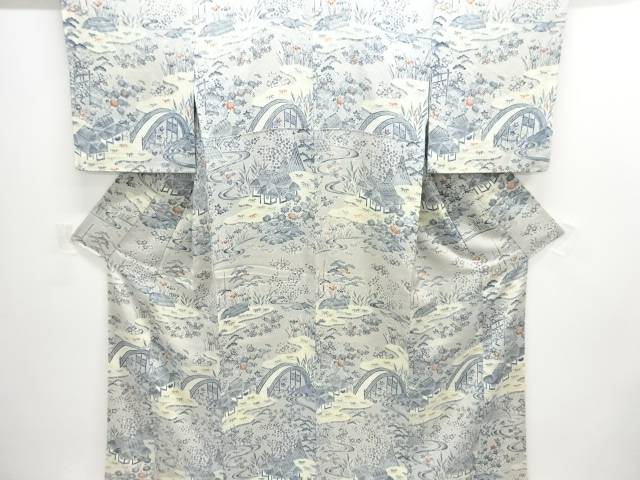 縮緬地　橋に茶屋辻模様付け下げ小紋着物【中古】【着】【小紋】｜Kimono-Shinei　２号店