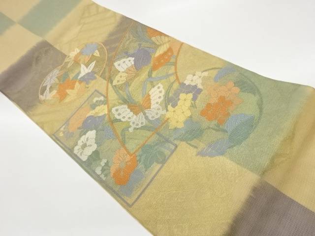 紗 市松に花々・蝶模様織出し袋帯【中古】【着】【袋帯】｜Kimono-Shinei　２号店
