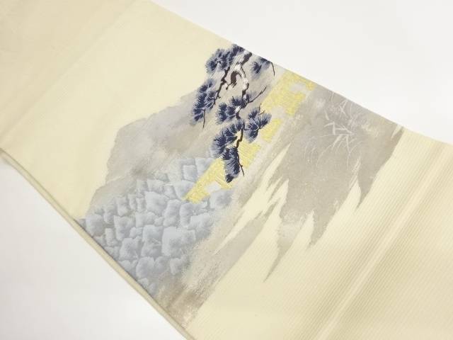 絽橋に山並み風景模様織り出し開き名古屋帯(額縁仕立て)【中古】【着】【名古屋帯】｜Kimono-Shinei　２号店