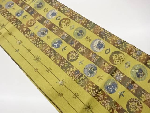 紙布 縞に桜・丸紋・古典柄模様織出し袋帯【中古】【着】【袋帯】|Kimono-Shinei 2号店