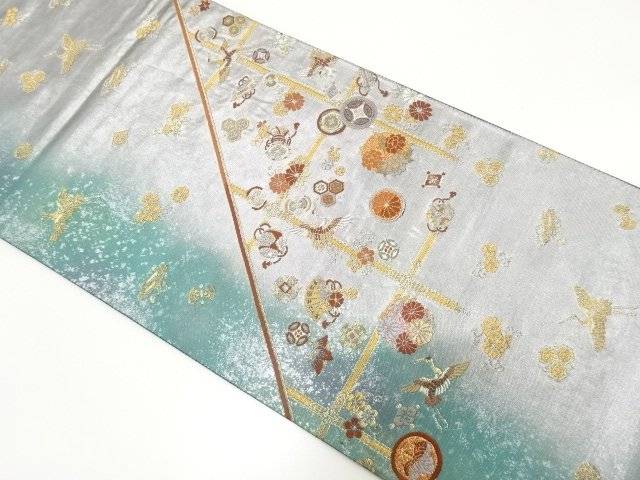 スーパーシルク箔　格子に鶴・宝尽くし・草花模様織り出し　袋帯【中古】【着】【袋帯】｜Kimono-Shinei　２号店