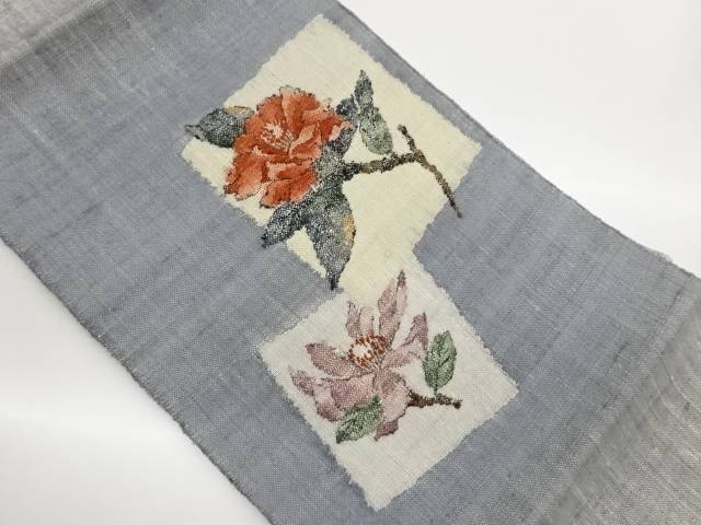 手織り真綿紬色紙に椿模様織出し名古屋帯【中古】【着】【名古屋帯】｜Kimono-Shinei　２号店
