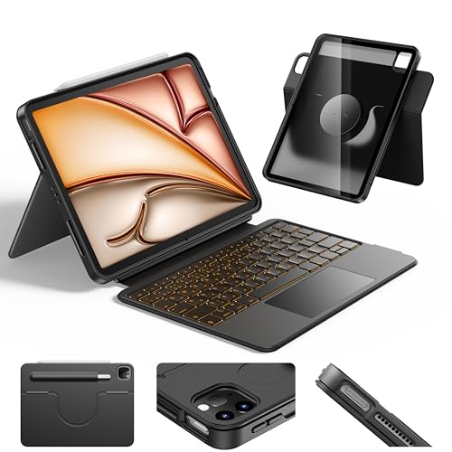 HOU 回転式 キーボードケース for iPad Air M3/M2 11インチ 超高精度大型タッチパッド付き 日本語配列 iPad Air 第6/5/4世代 \u0026 iPad Pro 11インチ(第1～第4世代) 対応 着脱式/縦横360°無段階角度調節/デュアルペンスロット/独立ショートカットキー/フルカバー保護ケースキー