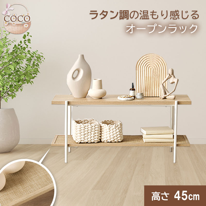 こなれ感がオシャレなラタン調と温かい木目感じるオープンラック 【COCOシリーズ】 幅100 奥行39 高さ45 ディスプレイラック 収納ラック ワイヤーラック ウッドラック 2段 ナチュラル 北欧 ラタン調 収納 棚 本棚 間仕切り アジャスター付き｜ネット家具ＢＡＮＢＡＮ