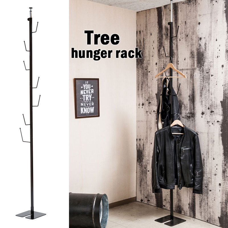 【Tree】ブラックインテリア特集　黒　家具　モダン ハンガーラック つっぱり 室内物干し クローゼット ワードローブ コートハンガー おしゃれ ブラック 店舗 オフィス サロン スーツ キャップ収納 ポールハンガーラック 洋服掛け 帽子掛け 衣類収納 コート掛け 頑丈 11,392円