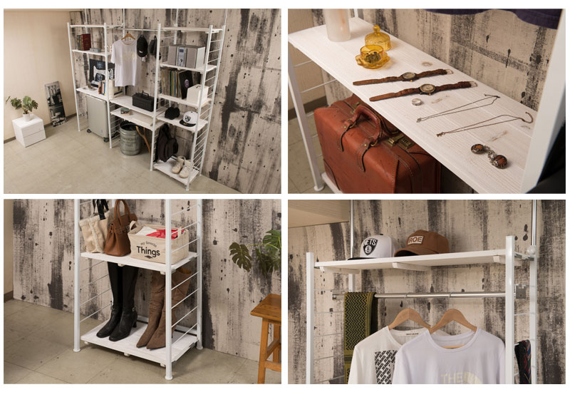 スノーシリーズ 突っ張り壁面間仕切りオープンラック 幅90 奥行30 ホワイト色 収納棚 Snow ホワイトヴィンテージを意識したシャビ な天然木フリーラック 多段可動できる棚板 突っ張り式ラックは使い勝手よくデザイン 収納力が自慢 つっぱり棚 壁面収納 収納ラック