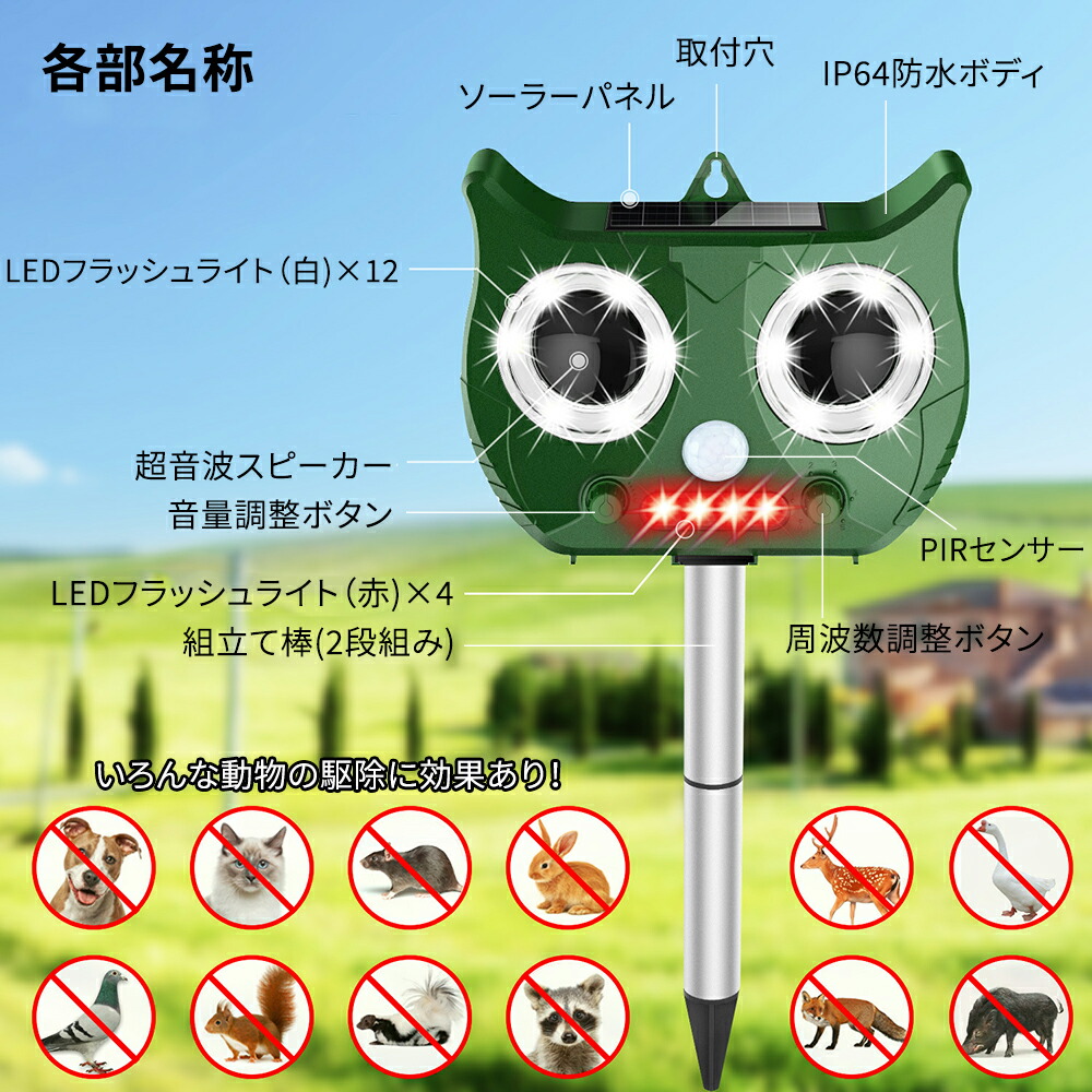 【楽天市場】猫よけ 猫撃退 超音波 動物撃退器 超音波+LED強光フラッシュ+警告音 駆除効果がより一層パワーアップ!ソーラー式 野良犬・猫退治 ねずみ撃退 鳥追い払う 太陽光充電とUSB充電 【楽天市場】猫よけ 猫撃退 超音波 動物撃退器 超音波+LED強光フラッシュ+警告音 駆除効果がより一層パワーアップ!ソーラー式 野良犬・猫退治 ねずみ撃退 鳥追い払う 太陽光充電とUSB充電