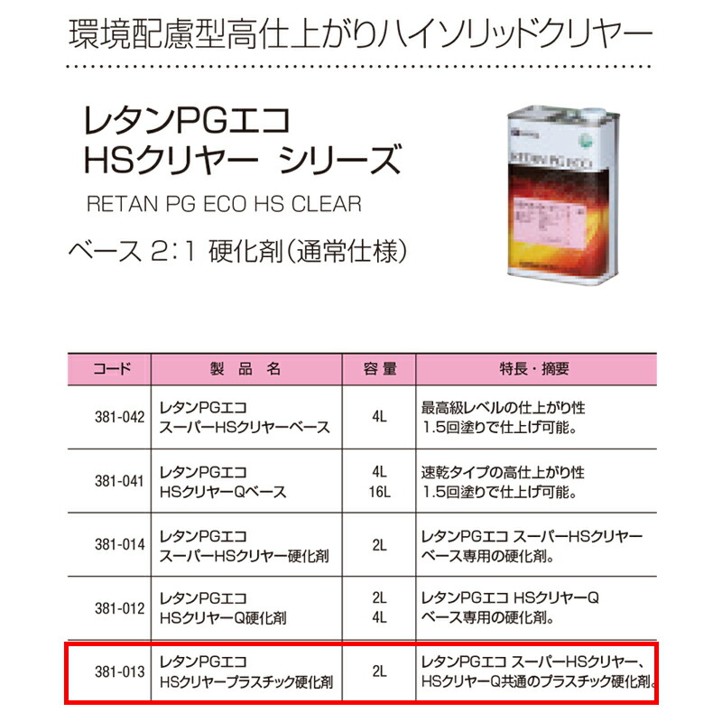 関西ペイント 381-013 レタンPGエコ HSクリヤー プラスチック 硬化剤 2L 取寄