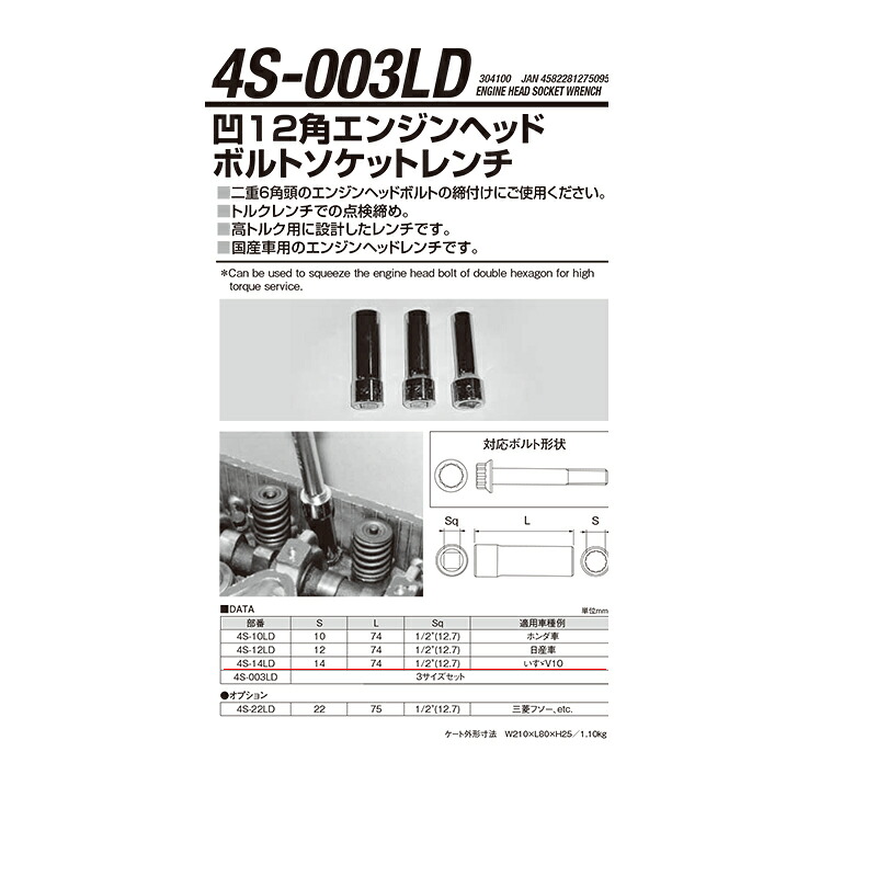 江東産業 4S-14LD 14mmエンジンヘッドボルトレンチ 取寄