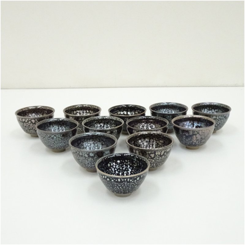 【中古】【煎茶道具】慧明造　油滴天目煎茶碗12客　茶道 抹茶 おしゃれ 抹茶茶碗 抹茶碗 和食器 レトロ 茶器 骨董 茶わん 茶会 茶の湯