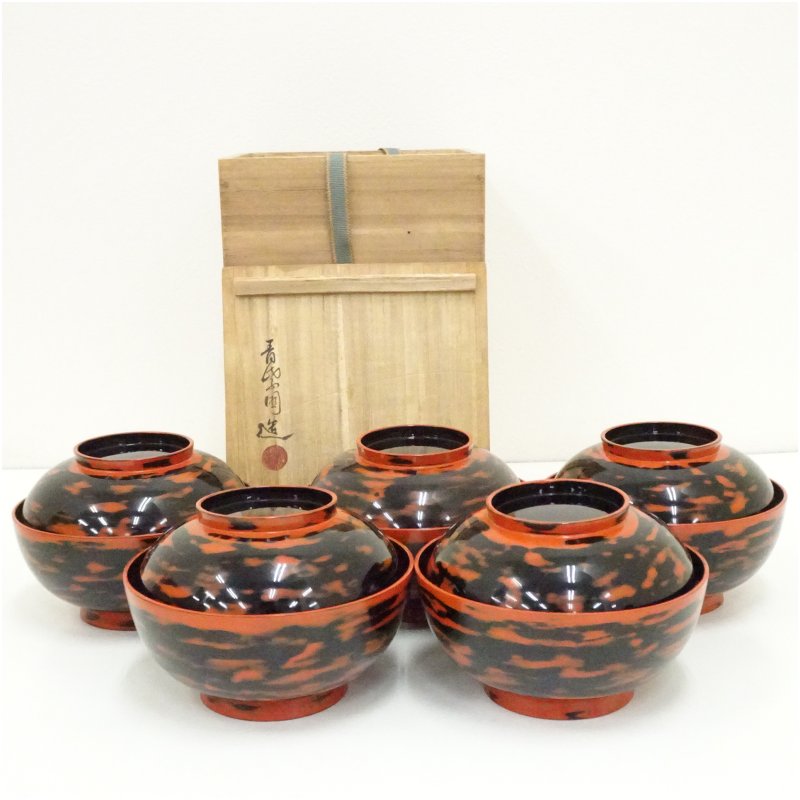 【中古】【大売り出し20%オフ】【塗師細工】根来塗 青紫園造 煮物椀5客（共箱） 塗師細工 器 今めかしい 懐石 煮炊き 茶懐石 茶事 日本一皿分の料理 一皿分の料理 和食 和食器 茶道 茶道具 椀盛り owan【最大限度100%尖んがりうしろ側】