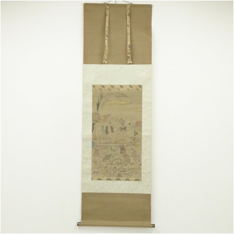 【中古】【書画】江戸後期　芭蕉涅槃図　肉筆絹本掛軸（近藤金羅識箱・二重箱） 掛け軸 床の間 書 おしゃれ 絵画 表具 芸術 茶道 年中掛け インテリア 茶掛 掛物 和室