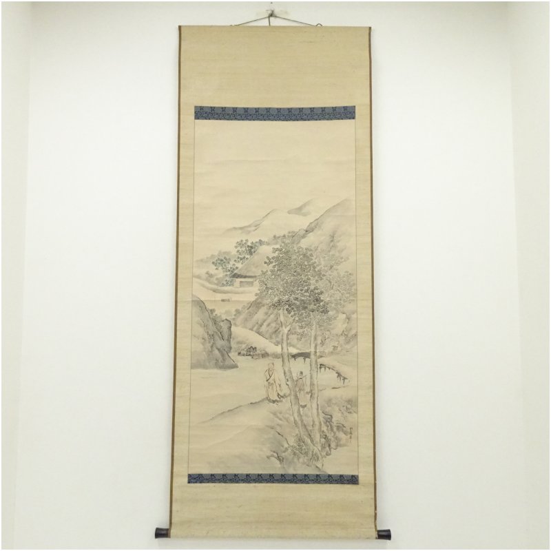【中古】【書画】江戸後期　佐伯岸良筆　山水図　肉筆紙本掛軸（保護箱） 掛け軸 床の間 書 おしゃれ 絵画 表具 芸術 茶道 年中掛け インテリア 茶掛 掛物 和室
