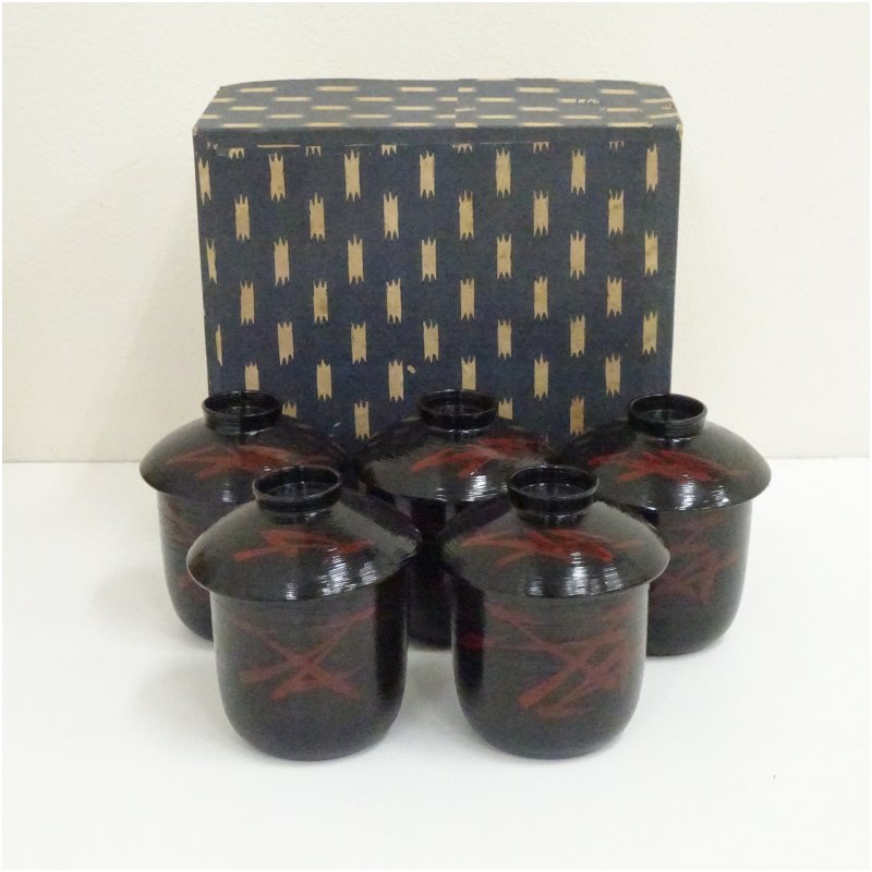 【中古】【漆器】刷毛目塗朱松葉文箸洗5客（箱付） 箸洗い おしゃれ かわいい 懐石 茶懐石 器 小吸い物 吸い物 料理 椀 和食 茶道 茶道具 owan 7,000円