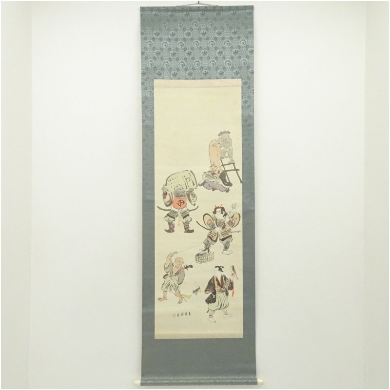 【中古】【書画】植中直斎筆　大津絵　肉筆絹本掛軸（共箱） 掛け軸 床の間 書 おしゃれ 絵画 表具 芸術 茶道 年中掛け インテリア 茶掛 掛物 和室