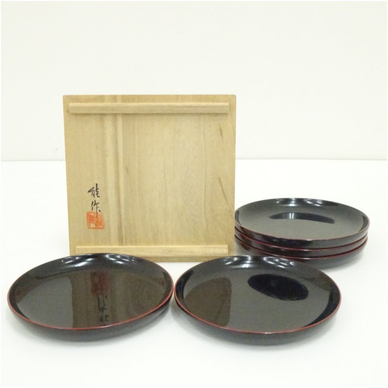 【中古】【塗師細工】能作造 輪島塗銘々皿5客（共箱）  茶器 御菓子器 今めかしい 和菓子 干菓子 主御菓子 茶道 茶道具 茶の葉 小皿 骨董 茶会 抹茶 一皿