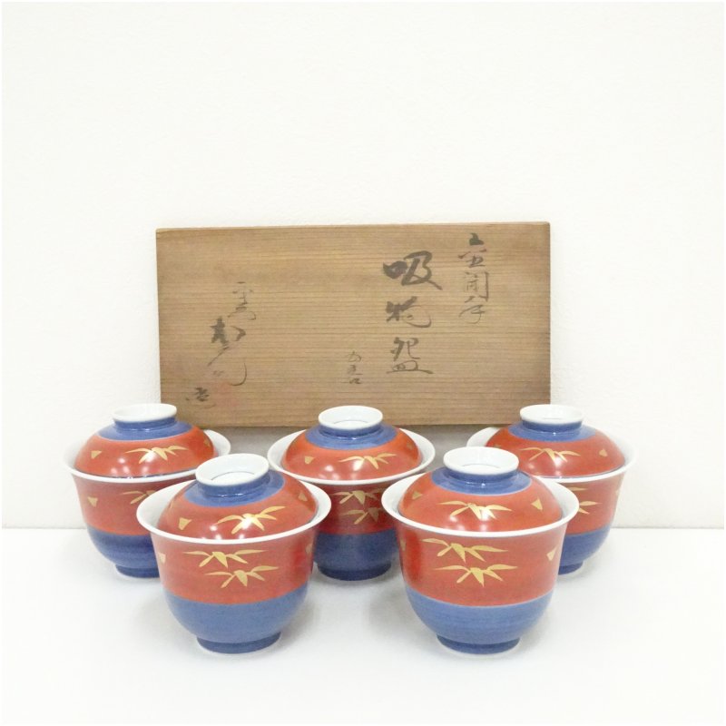【中古】【陶芸・陶器】京焼　松斎造　金襴手吸物碗5客（共箱） 和食器 おしゃれ 和食 お碗 お椀 汁物 お吸い物 箸洗い 料理 飲食店 料亭 居酒屋 来客 owan