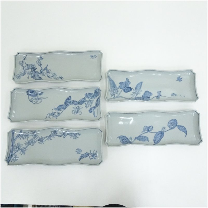 【中古】【大売り出し20%オフ】【陶物作り・瀬戸もの】染付花鳥図 長皿5客  食器 器 今めかしい 焼き魚 魚 盛り付け 一皿分の料理 オードブル 骨董 一皿 和食 洋食 見舞い客 喫茶店【最大限度100%尖んがりうしろ側】