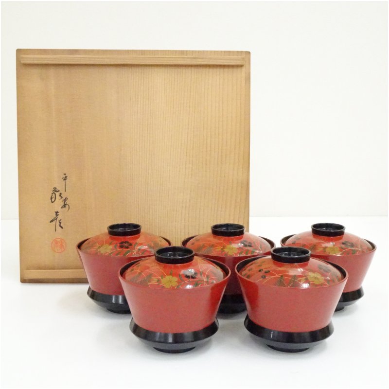 【中古】【漆器】象彦造　漆塗秋草蒔絵小吸物椀5客（共箱） 吸い物椀 和食器 おしゃれ 味噌汁 吸い物 漆器 和食 懐石 茶道 茶道具 お椀 汁椀 汁物椀 owan｜茶道具・掛軸のショップつなぐ