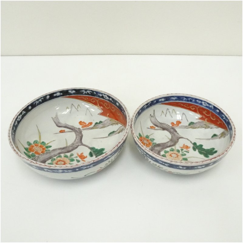 【中古】【華道】古伊万里　染錦山水文　大小鉢2客 和食器 食器 おしゃれ かわいい 器 料理 和え物 居酒屋 カフェ おつまみ 一品 雑貨 取り鉢