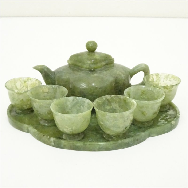 【中古】【煎茶道具】中国美術　玉石製　煎茶器セット 茶道具 おしゃれ かわいい 来客 レトロ ヴィンテージ 骨董 食器 道具 茶会 茶の湯 茶席 茶事