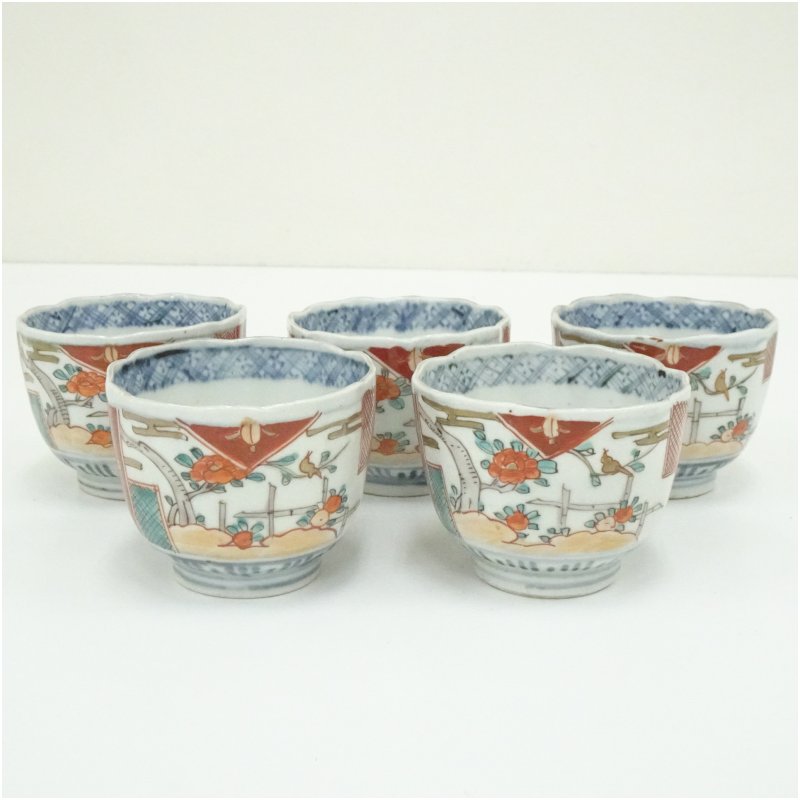 【中古】【大売り出し20%オフ】【陶器作り・瀬戸もの】伊万里焼 錦手花鳥文向付5客  器 和食器 今めかしい 懐石 一皿分の料理 煮炊き 骨董 茶道 茶道具 刺し身 刺身 おからだ付き 向附け むこうづけ【最大限度100%尖んがりうしろ側】