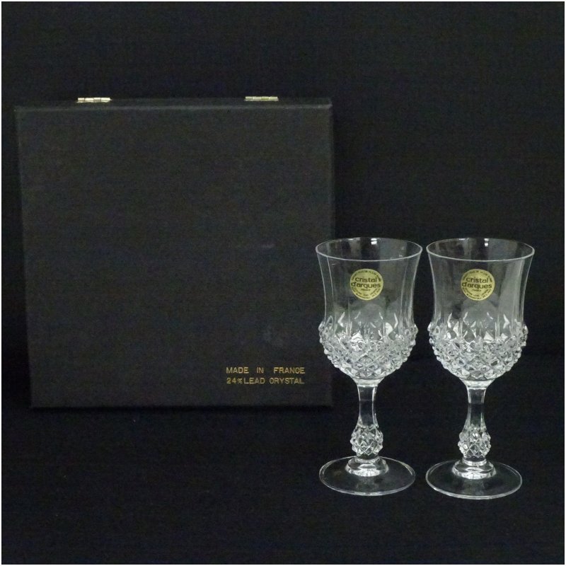 【中古】【ガラス】クリスタルダルク製　クロスカット　ワイングラスペア（箱付） 食器 おしゃれ かわいい コップ お酒 アンティーク カフェ 居酒屋 来客 普段使い レトロ 上品