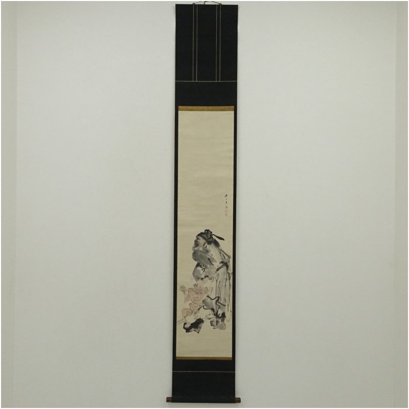 【中古】【書画】江戸後期　岸連山筆　鐘馗　肉筆紙本掛軸（保護箱） 掛け軸 床の間 書 おしゃれ 絵画 表具 芸術 茶道 年中掛け インテリア 茶掛 掛物 和室