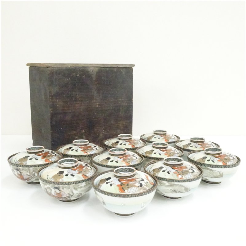 【中古】【大売り出し20%オフ】【茶道具】九谷焼 北川造 彩画貴族階級人となり文蓋茶碗11客（保護すること箱）  茶道 抹茶 今めかしい 抹茶茶碗 抹茶碗 和食器 レトロ 茶器 骨董 茶わん 茶会 茶の湯【最大限度100%尖んがりうしろ側】