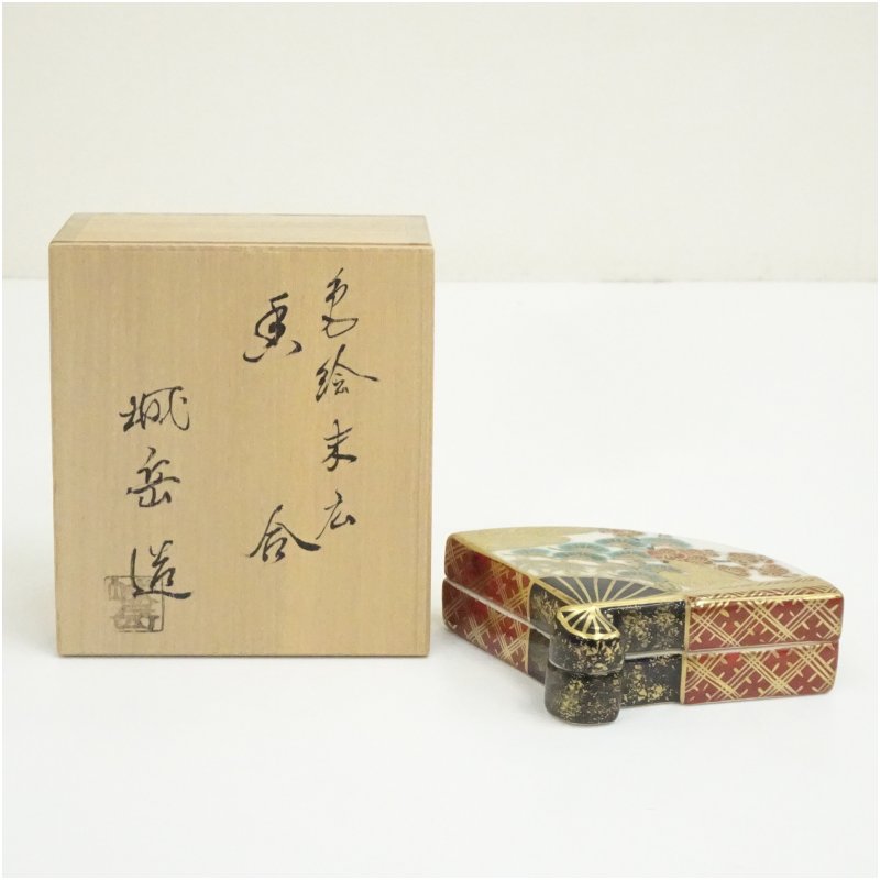 【中古】【大売り出し20%オフ】【香道】京焼 橋本城岳造 丹青末広香合（共箱）  茶道具 茶道 香道 香道具 今めかしい 愛くるしげ アンティーク 室内装飾 骨董 茶器 お香入れ 1月 冬【最大限度100%尖んがりうしろ側】