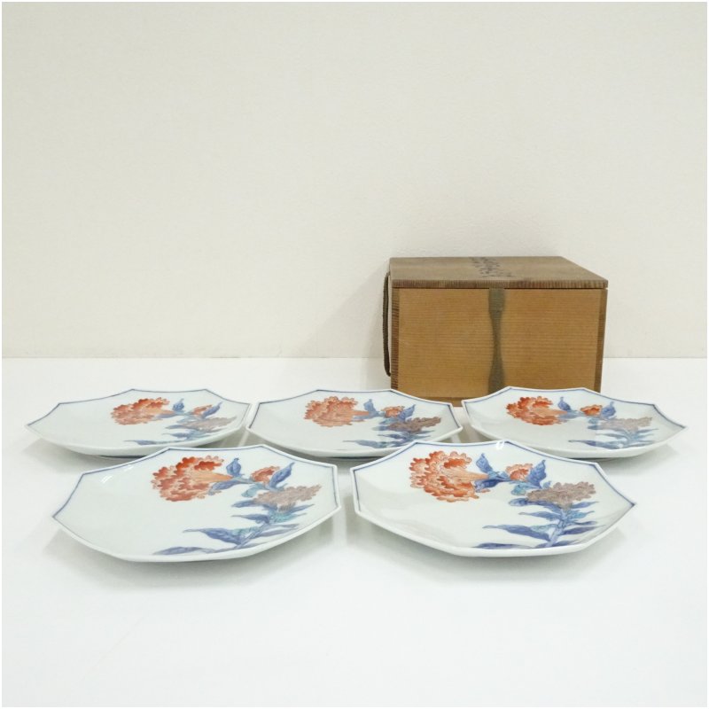 【中古】【陶器作り・瀬戸もの】今泉菱印 錦鶏頭果物八角皿５客（保護すること箱）  和食器 今めかしい 愛くるしい 魚 刺し身 刺身 焼き魚 四辺形 和食 洋食 室内装飾 一皿【最大限度100%尖んがりうしろ側】