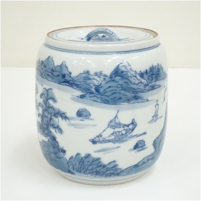 【中古】【茶道具】洞華苑造 染付風景水指  水指し 茶道 茶道具 今めかしい 水さし 抹茶 室内装飾 茶器 水器 茶の葉 骨董 茶会