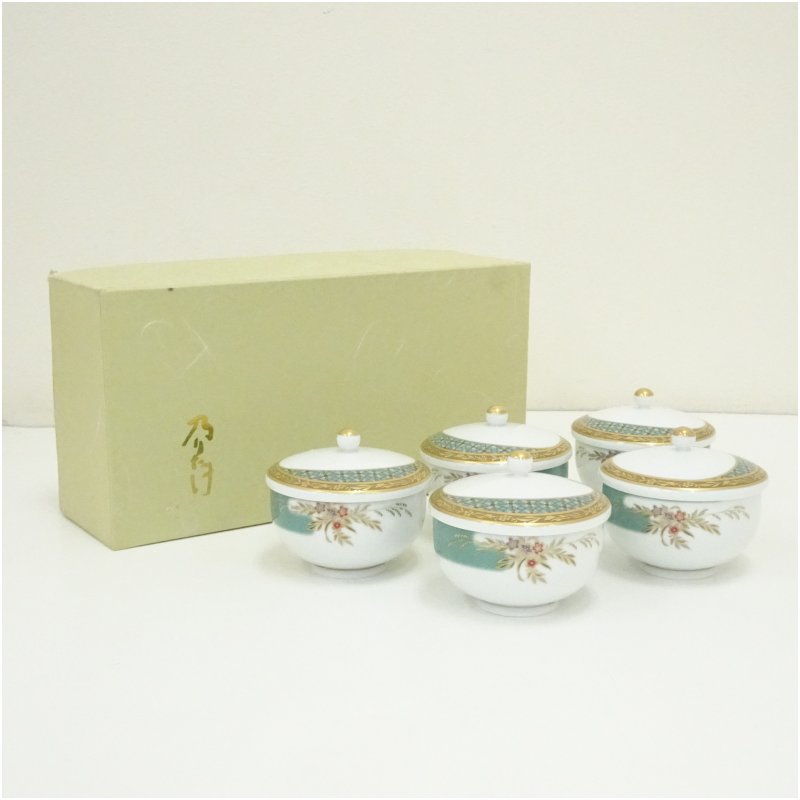 【中古】【煎茶道具】乃りたけ　ノリタケ　蓋付汲出碗5客（紙箱） 茶道具 茶器 和食器 おしゃれ 汲み出し碗 来客 お茶 湯呑み 旅館 和風 レトロ 茶会 茶事 骨董｜茶道具・掛軸のショップつなぐ