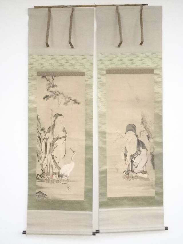 【書画】江戸中期~後期頃 蒼田斎筆 寿老人・福禄寿双幅 肉筆紙本掛軸(保護箱)【送料無料】
