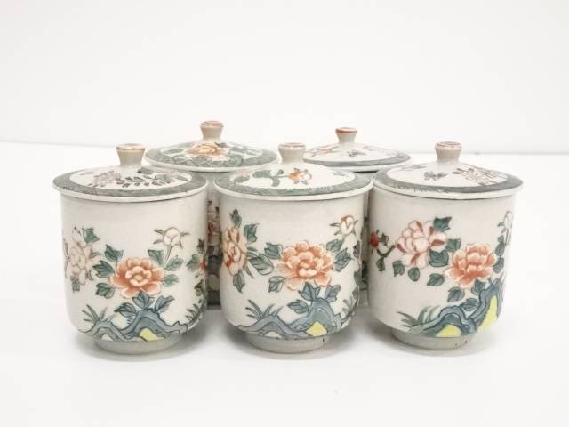 陶芸 陶器 九谷焼 色絵花蝶文湯呑5客 送料無料 中古 茶器 茶道具 和食器 骨董 お茶 湯のみ 湯飲み 湯呑み かわいい 来客 和風 コップ おしゃれ Sobolewscy Pl