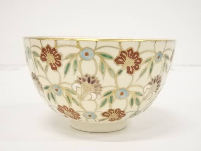 【茶道具】京焼 妙見窯 今岡都造 色絵更紗文茶碗(共箱)【送料無料】