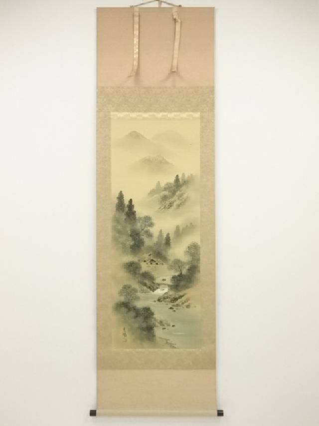 塩川栖ニの掛け軸　風鎮付き 彩色山水 塩川 栖二 肉筆掛軸 美術品【ポイント5％還元中