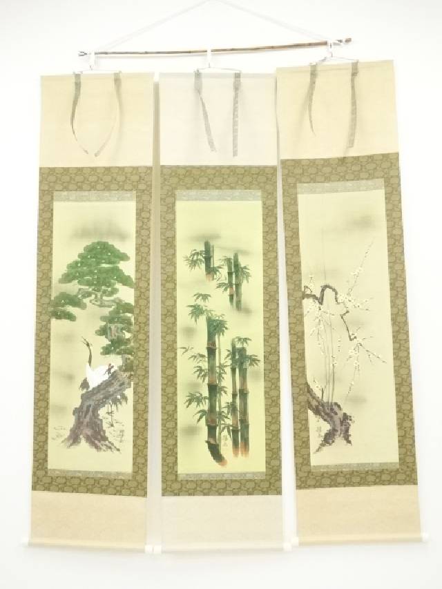 【茶道具】苔山筆 梅と雀図　待合掛け　1月2月　茶掛　B815 掛軸 堀内宗完 梅に禽 春入千林処々花 共箱 画讃 茶掛 茶道具