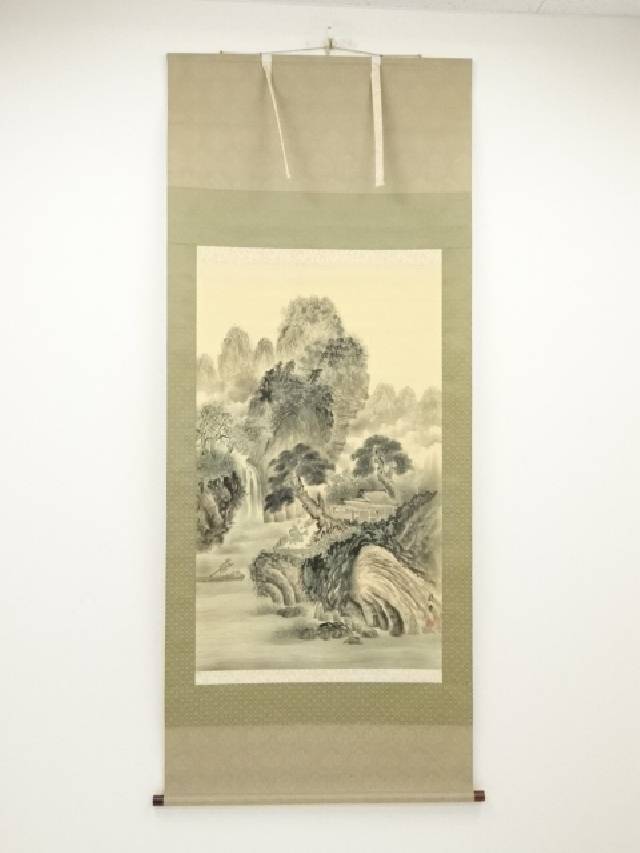 【管SI0264】三好藍石 筆 風景画 日本画 肉筆 絹本 掛軸 楽天市場】【中古】【書画】青堂筆 淡色山水 肉筆絹本掛軸【送料