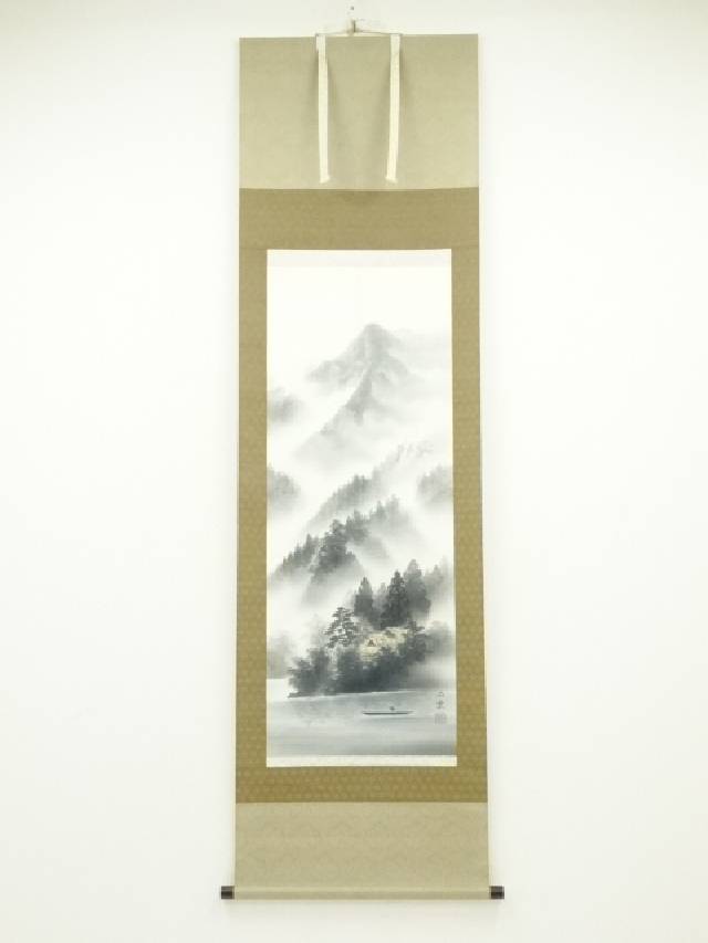 雪 岳 筆 絹本掛軸 水墨山水図 肉筆画 落款印在 軸先木 箱無 雪 岳 筆 絹本掛軸 水墨山水図 肉筆画 落款印在 軸先木 箱無