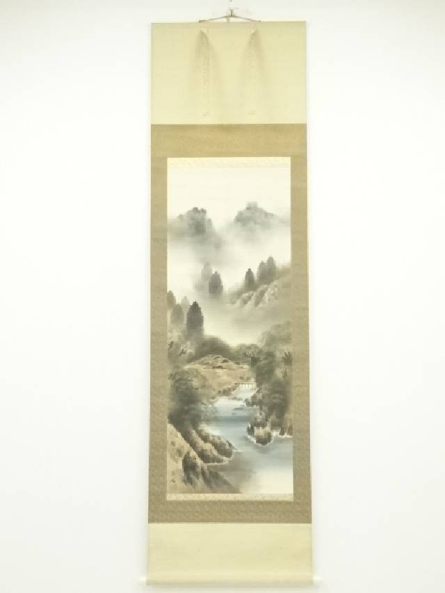 雪 岳 筆 絹本掛軸 水墨山水図 肉筆画 落款印在 軸先木 箱無 掛軸 小林渓月『水墨山水図』絹本 肉筆 共箱付 掛け軸 a11306