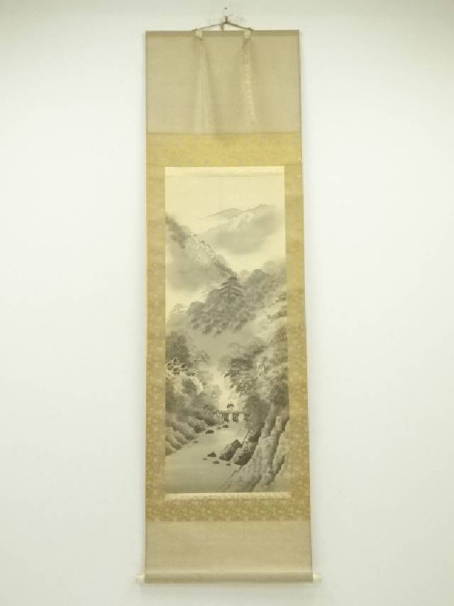 矢内楳秀　山水に釣り人　掛け軸　絹本　箱無し　書画、骨董品、美術品 掛軸 三浦光陽『水墨山水図』日本画 絹本 肉筆 共箱付 掛け軸
