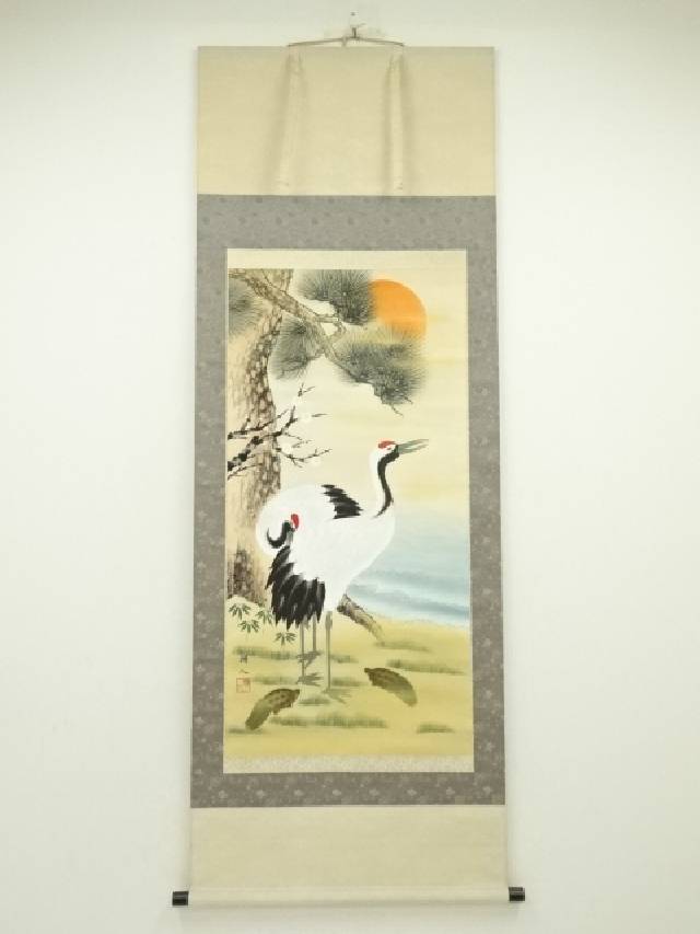 掛軸 松竹梅鶴亀図 野村雪草筆 絹本工芸軸 太巻 供箱 縁起物 J118 掛け軸-松竹梅鶴亀／浮田秋水（尺五・桐箱・風鎮付き・正絹