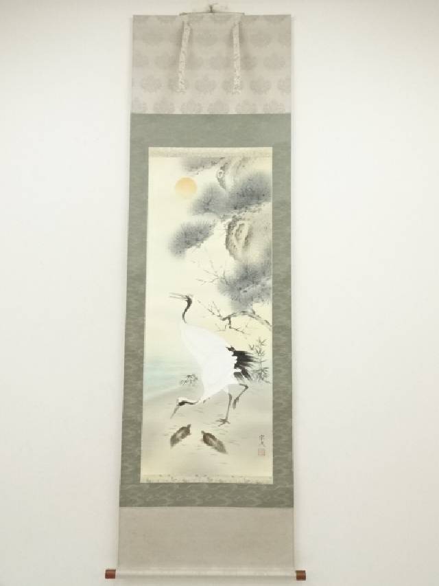 中国画 絹本掛軸 タイトル 【 松 鶴 図 】 軸先細工木 中国画 絹本掛軸 タイトル 【 松 鶴 図 】 軸先細工木（中国