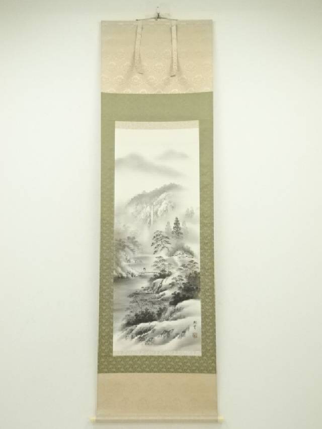 No3167 掛軸　在銘　青雲　山水画　青渓白雲図　絹本　共箱　古美術　送料無料 No3167 掛軸 在銘 青雲 山水画 青渓白雲図 絹本 共箱 古美術