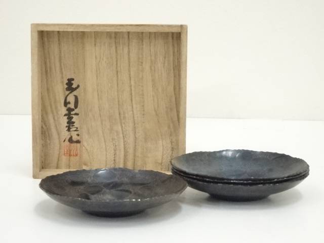 鋳銅製　茶托5客　作家物　正雲造　長寿不老　布目模様　煎茶道具　茶席道具　茶道具 鋳銅製 茶托5客 作家物 正雲造 長寿不老 布目模様 煎茶道具